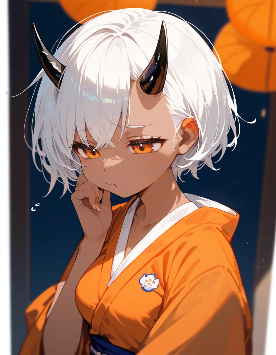 alone,girl,1 Black Horned ,Japan,White hair, Tanned skin, In the orange eyes, dark edges,sleepy,thin, medium breasts,Short hair,cute, Orange Kimono, fan boy ,