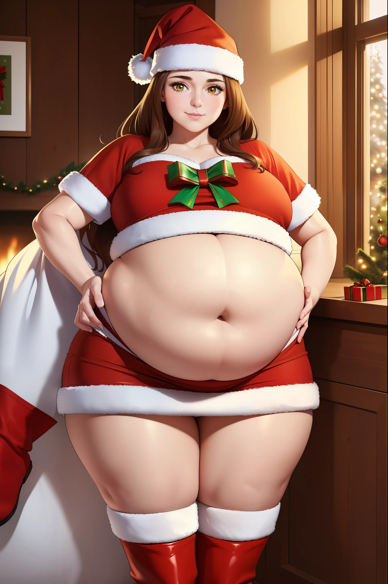 ((masterpiece, best quality:1.4,extremely detailed, detail face)), illustration, 8k, hd, 1female, tall lady, older woman, mature female, long hair, brown hair, yellow eyes, Santa costume, Santa hat, miniskirt, long boots, (thick, thick thighs, big belly), ((cosy home, Christmas))