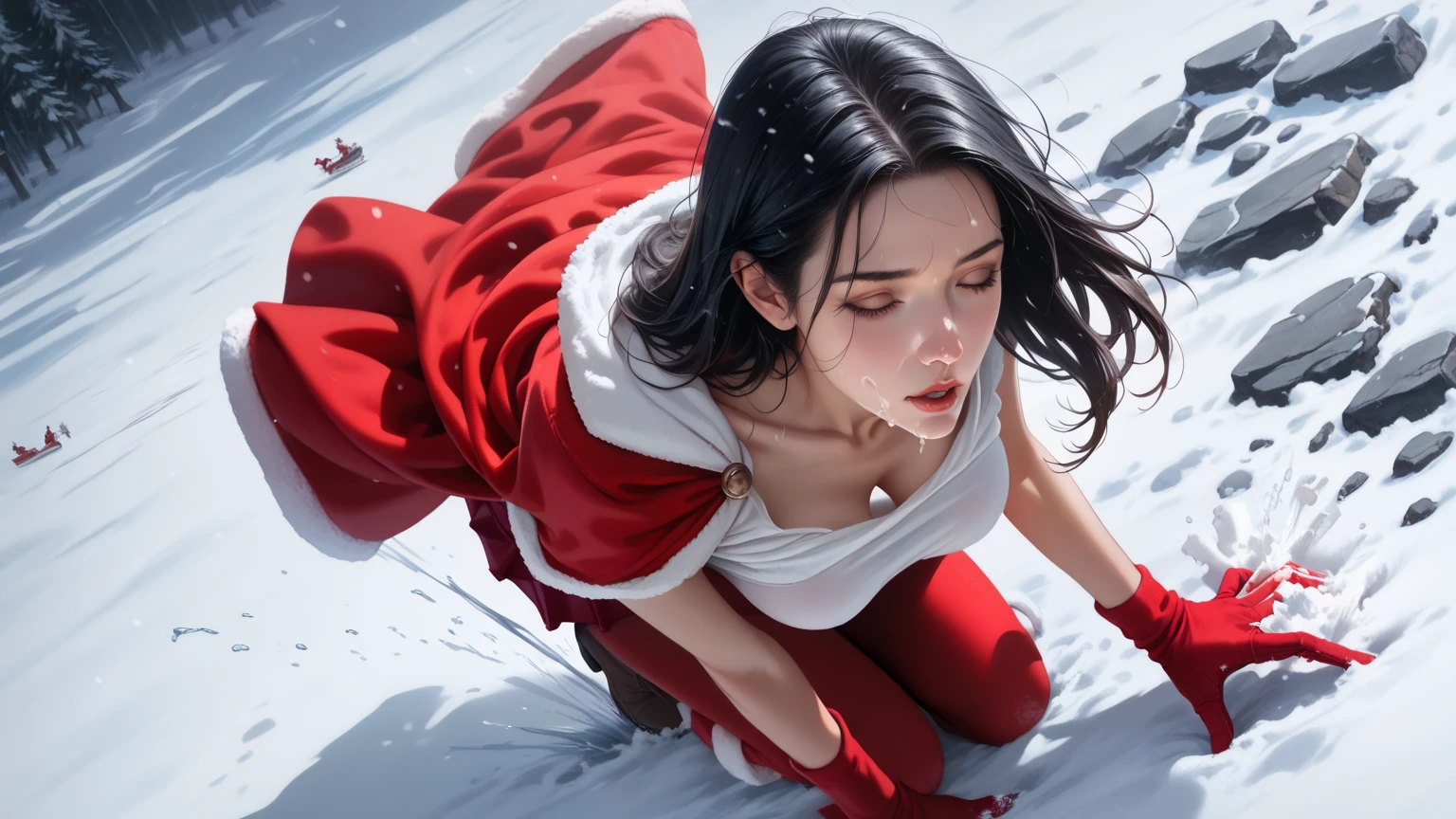 score_9,score_8_up,score_7_up,high res image,masterpiece,best quality,realistic,1girl,santa_costume,white_shirt,(red cape:1.2),(red skirt:1.2),snow,(upper_body:1.2),(dynamic_angle:1.3),(medium breasts:1.3),(dropping:1.4),(face focus:1.3),(black hair:1.3)