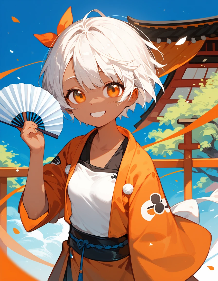 alone,girl,มี1he สีดำ1, 1he ,Japan,White hair, Tanned skin, In the orange eyes, dark edges, small breasts,Short hair,cute, orange kimono, fan boy ,smile,bright,