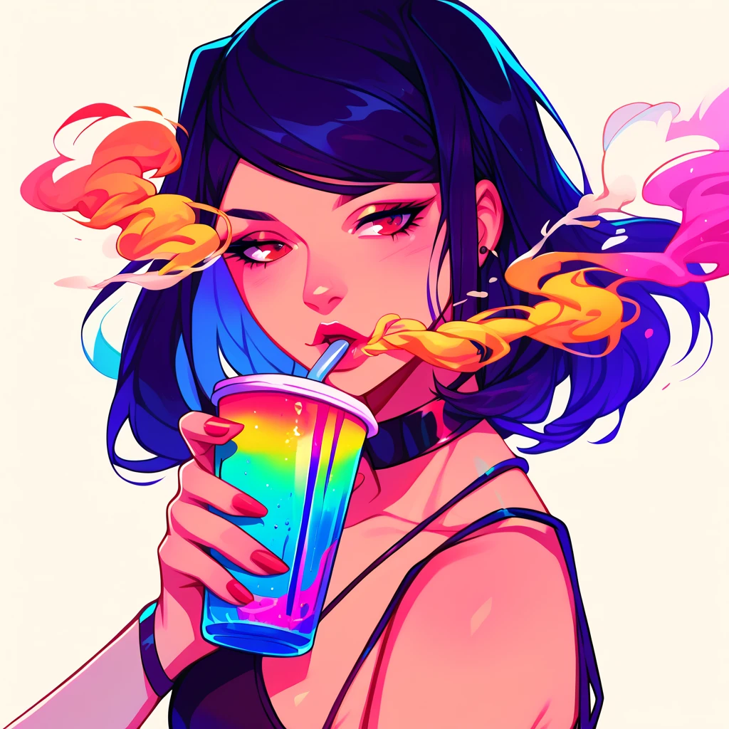 score_9, score_8_up, score_7_up, score_6_up, score_5_up, score_4_up, VA-11 HALL-A, Jill Stingray, (holding a neon drink), did vaporwave style, solo, 1girl, female, water, white background, red eyes, simple background, from side, glitching, smoke, in tatters,