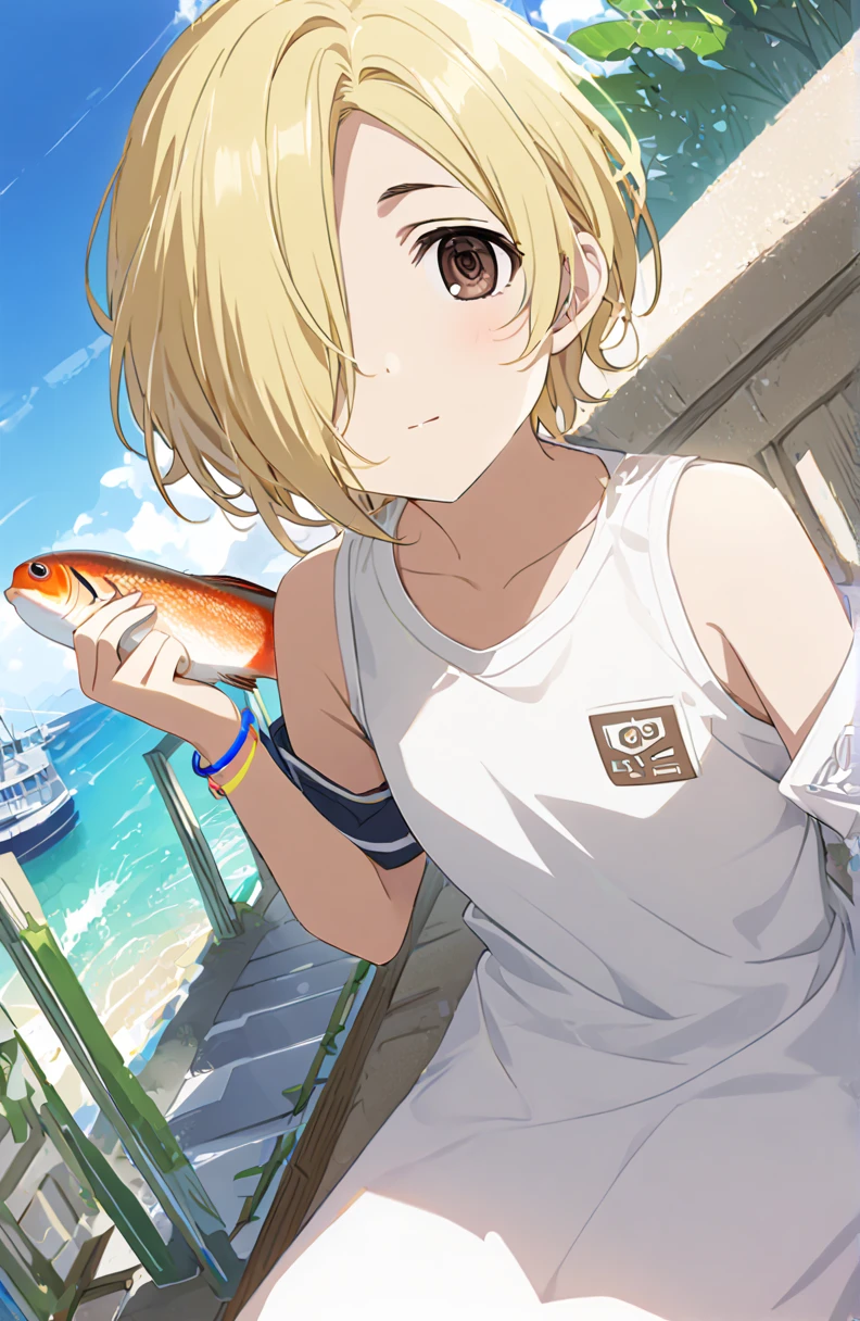 ((Light color)),, debt/1.2, 超 high res,  Attention to Details ,  top quality ,  high res, masterpiece、The blue sky that fills the screen _Baiyun、Summer sky、A girl is sitting on the embankment、Cool clothes、 is watching me while eating ice cream、 tan、、( delicious face holding fish in hands),,((Blonde,  and my bangs are hanging over my eyes,  Shorthair,  brown eyes ,  flat chest, small butt,Hair on one eye, (Hide one eye),, right eye is hidden)),
