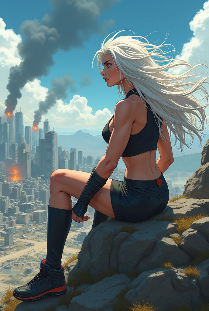 clouds, gtscity, cityscape, mountain ranges, shoes, long platinum blonde hair, green eyes, smirk, big tits, good anatomy, correct anatomy, stomping on city, stomping city, wearing shoes, shoes on tiny city