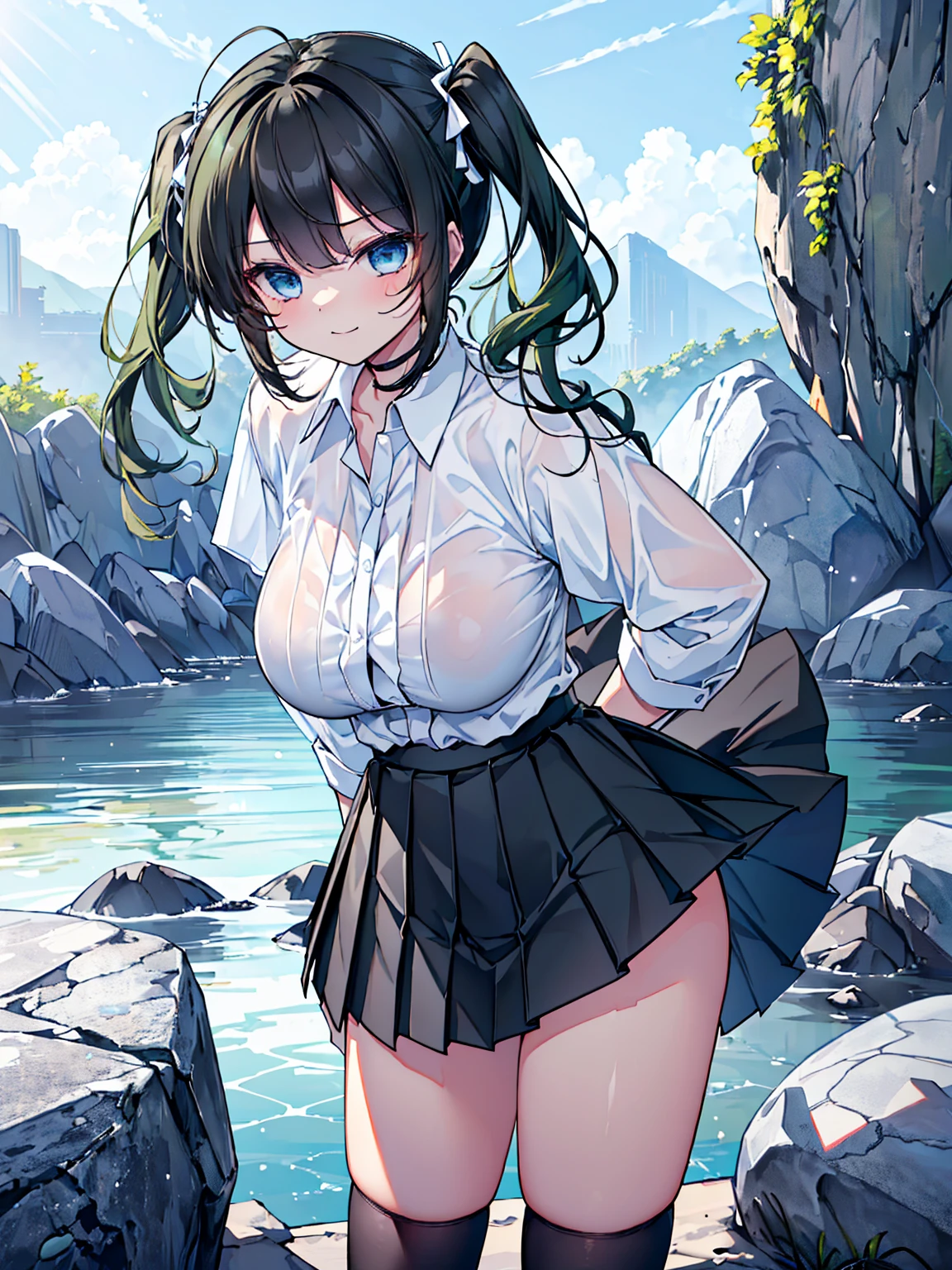 最high quality、best image quality、masterpiece、Curvy but slender body、perfect eyes, perfect face,exact number of fingers、Exact number of legs、Exact number of arms、with a girl((18-year-old、vest bust、bust 95,beautiful blue eyes、1 girl、Milking(self)、expose one&#39;s chest、produce breast milk、inverted nipples、beautiful big breasts(erect nipples:1)、sexy look、big breasts, 、high socks、Light blue and short hair、Slender、big valley、Light blue and black open-necked T-shirt,navy short skirt、Show the whole body、black wristband on wrist、star-shaped hair ornament、red face、Slippery texture、Aura of water、Drain water from hands)）high quality、beautiful art、With background((clear blue sky、Tornado in spring water、Water Waterfall、Water tornado、Strong water flow、water dragon)))table top、visual art、Depth of the bounds written、