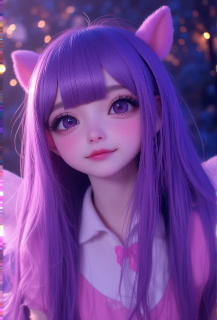 ((Hair color is purple : 1.3)), Her hairstyle is a bun（Chignon）A very large ribbon is tied to。When you remove the ribbon, your hair is long.。
With piercing eyes、The pupils may be dilated。
Tall and stylish、Being beautiful is admired by the same sex.、Even my grandpa is in love with me.。