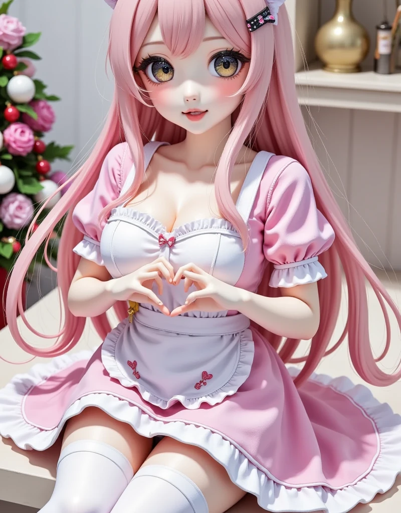 good work, (best quality), illustration, depth of field, (color),masterpiece,best quality,1girl, solo, long hair, breasts, looking at viewer, blush, smile, open mouth, bangs, large breasts, hair ornament, thighhighs, dress, bow, animal ears, cleavage, pink hair, short sleeves, :d, hair bow, heart, cowboy shot, frills, hairclip, puffy sleeves, cat ears, yellow eyes, apron, white thighhighs, two side up, puffy short sleeves, maid, maid headdress, frilled dress, pink dress, white apron, frilled apron, heart hands