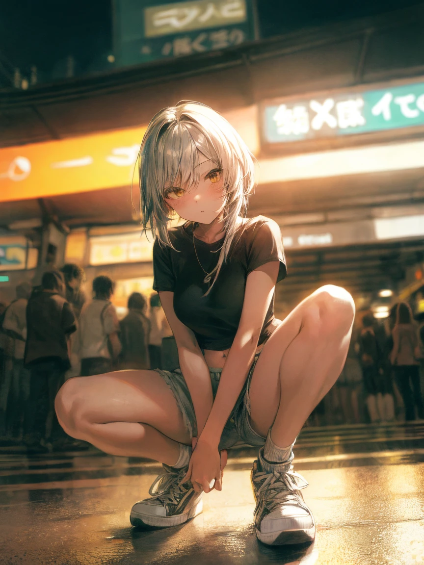 (masterpiece, highest quality:1.2), (1 girl), silver bob hair,shorth hair,bangss,medium breasts,slenderbody,Small head:1.5,skinny, crouched na rua, crouched ,(greasy skin ,shining skin,shining skin,sweat:1.2),(skindancing,black tee,navel,white microshorts, blackstockings, black sneakers), Shibuya Station, Tokyo, neon, at night,