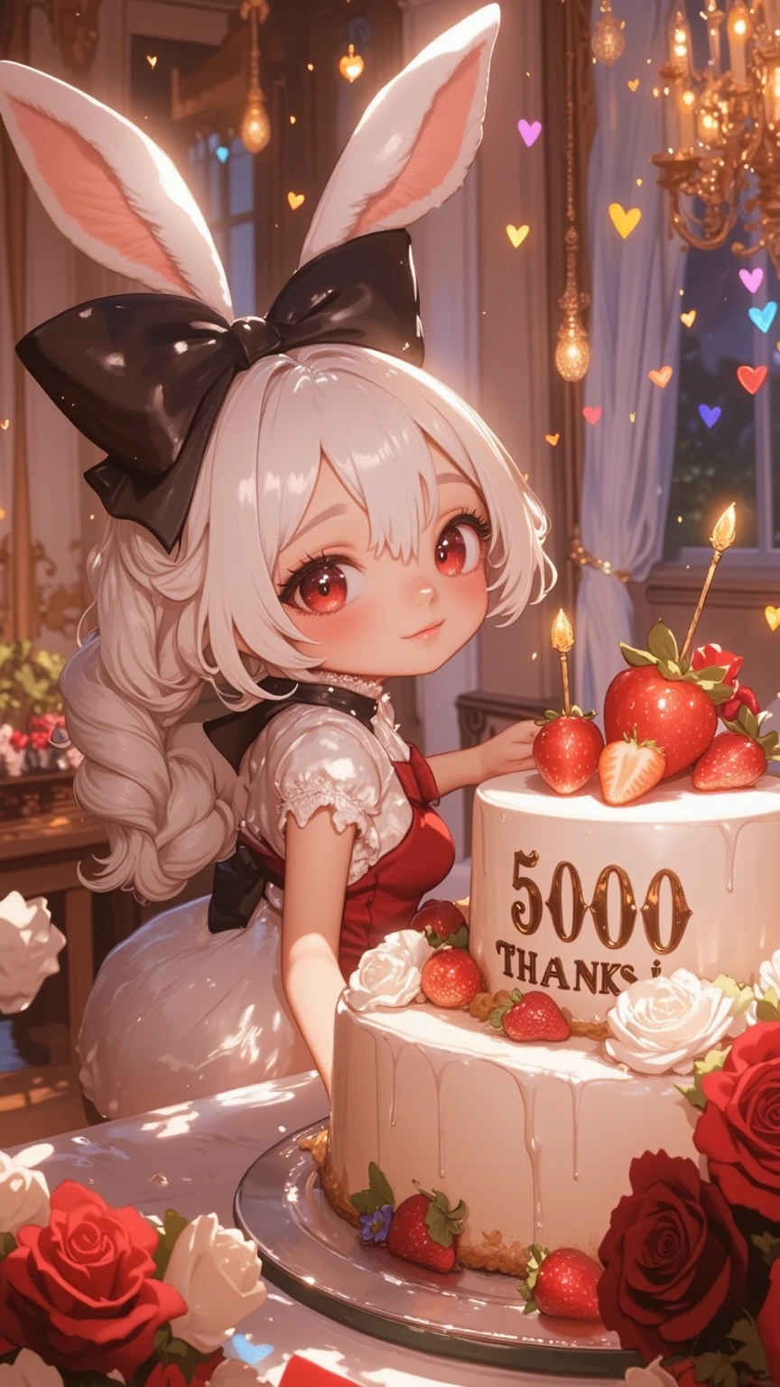 text on cake say "5000 THANKs".  rabbit girl\(chibi,cute, kawaii,red eyes,white rabbit ears, wearing pretty white dress embroidered with shiny white silk, luxuriously braided long white hair, big black hair bow, bangs, idol, looking at cake, put strawberry on cake, smiling\) 