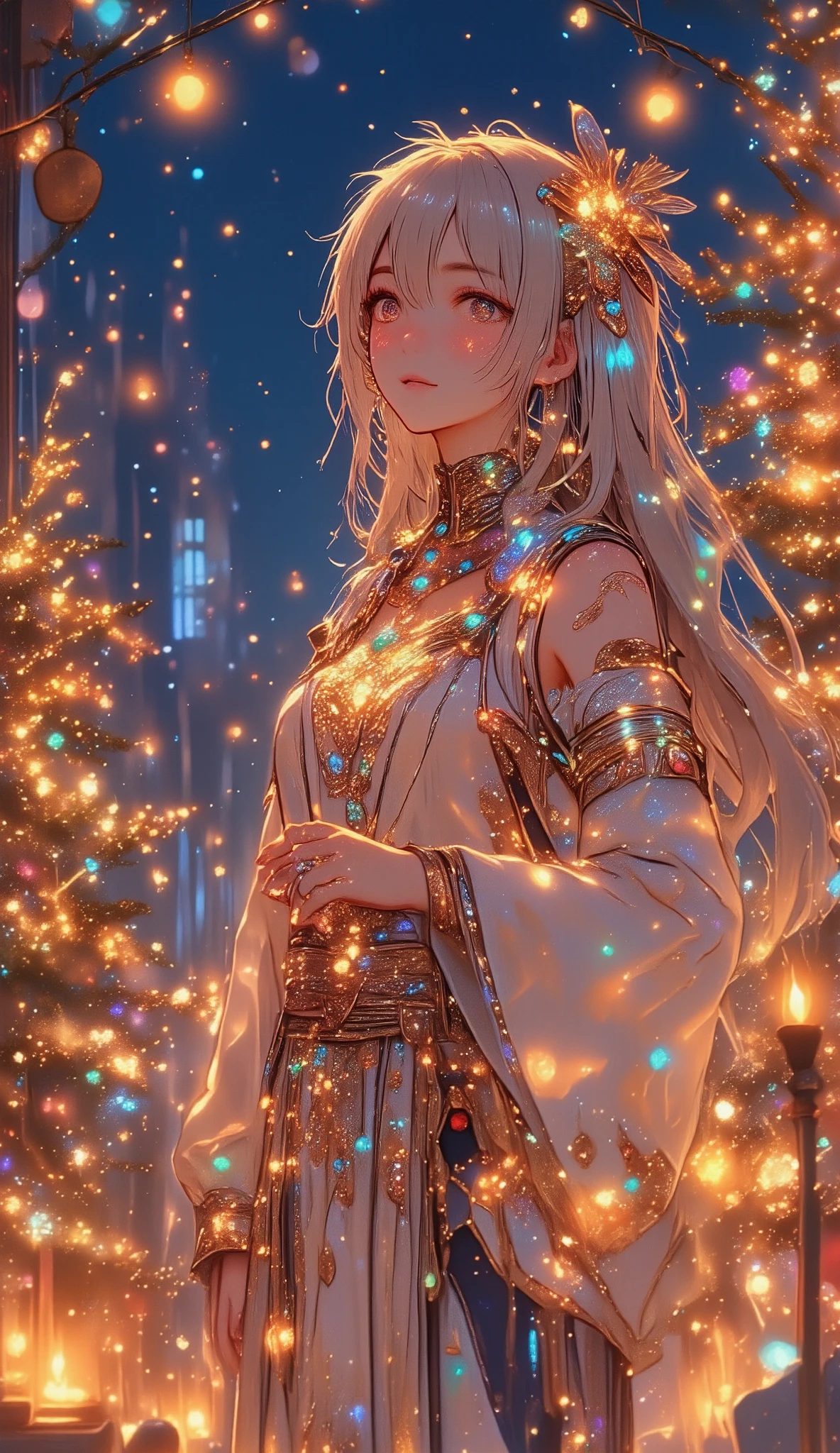 1Goddess of Man , night、 surrounded by festive elements such as illuminated Christmas trees , The goddess has a very gentle smile and wears traditional bright costumes 、 glittering jewels surrounded by festive elements such as decorated Christmas trees , Hanging ornaments and lit candles . high res, masterpiece, Accurate, anatomically correct , number々Awards, top quality , high detail, High Definition Model , retina, very detailed, textured skin , Ultra-fine,