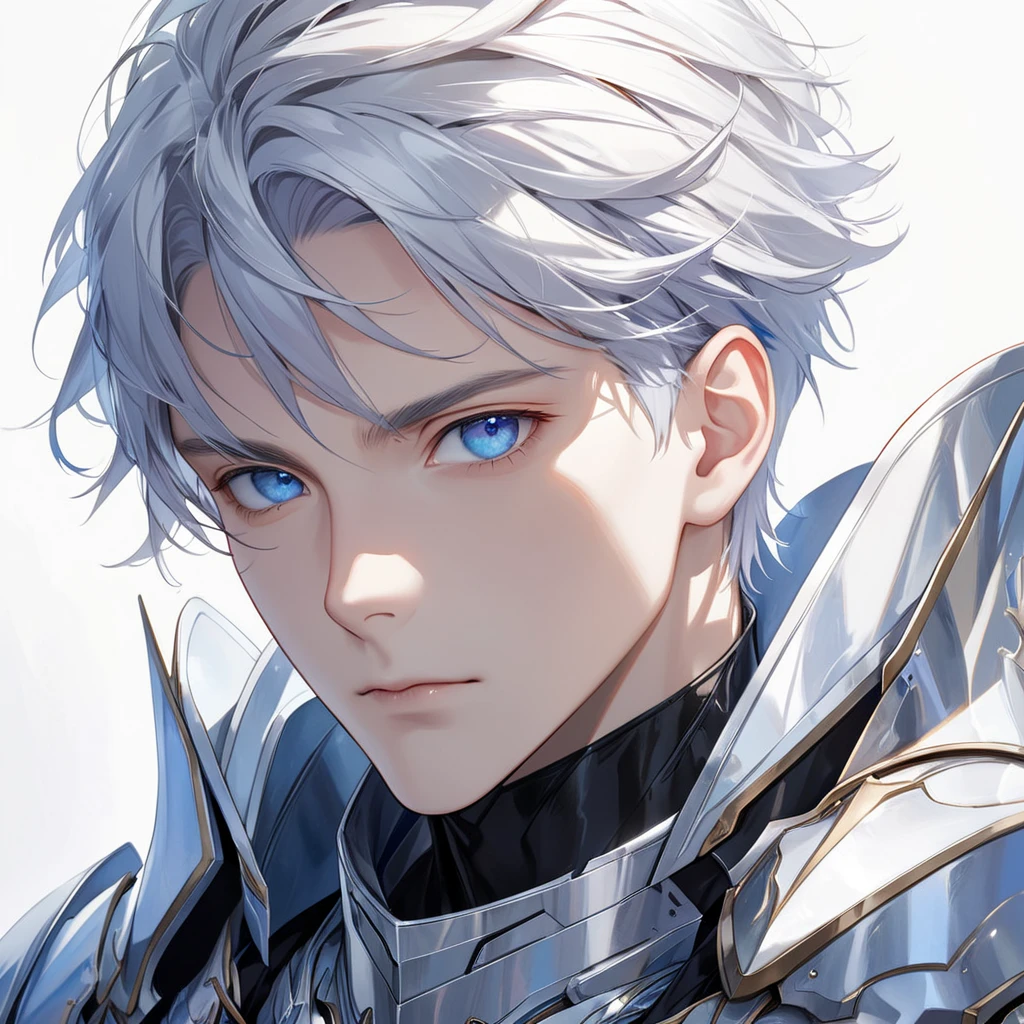 1 man,  short silver hair,  blue eyes, Paladin, Expressionless, frontal, bust, White background, youth, Good looking