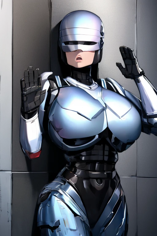 Female Robocop,  beautiful body ,   large breasts and slightly longer on one side , Chest cornered against a wall , Raise hands in surrender pose ,  frightened expression 