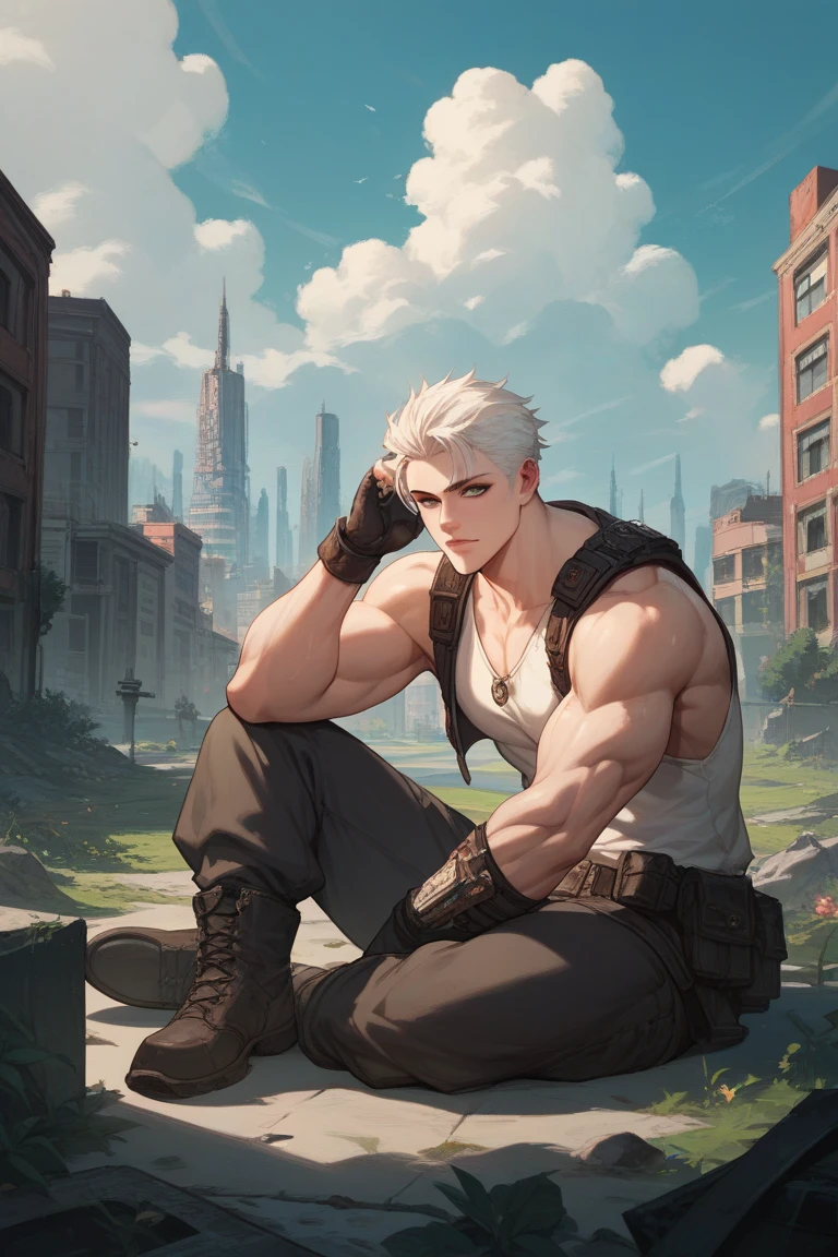  big-bodied, muscle-looking white-haired woman sitting on a hill looking backwards at a city in the midst of the chaos of an apocalyptic, All style anime style 