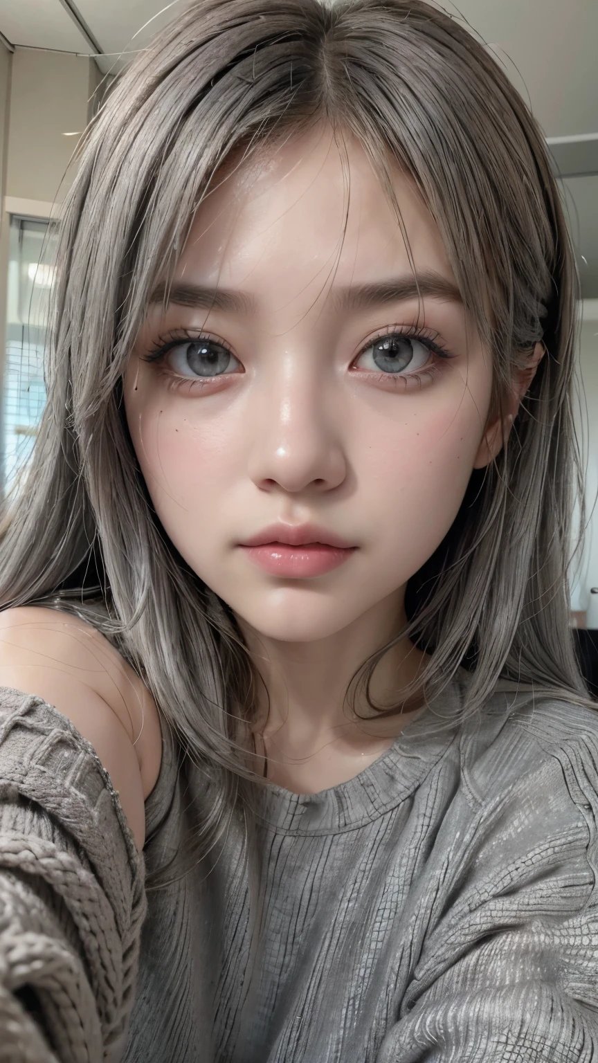 ((Best quality, 8k, Masterpiece :1.3)), 1girl, Pretty woman with slender abs :1.3, (Long grey hair, Huge breasts :1.3), Cardigan :1.1, Ultra-detailed face, Detailed eyes, Double eyelid, erotic, extremely detailed blue eyes, extremely detailed blue eyes