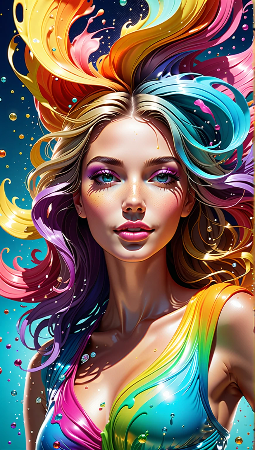 masterpiece, best quality, 1 girl, pretty and cute, (rainbow color Highlight Hair,colorful hair:1.4), wearing blue and purple sunglasses, yellow jacket with white pattern, white sweater, many colored balloons, doll face, ponytail braid, perfect detail eyes, delicate face, perfect cg, HD quality, colored balloons, sky ,black boots