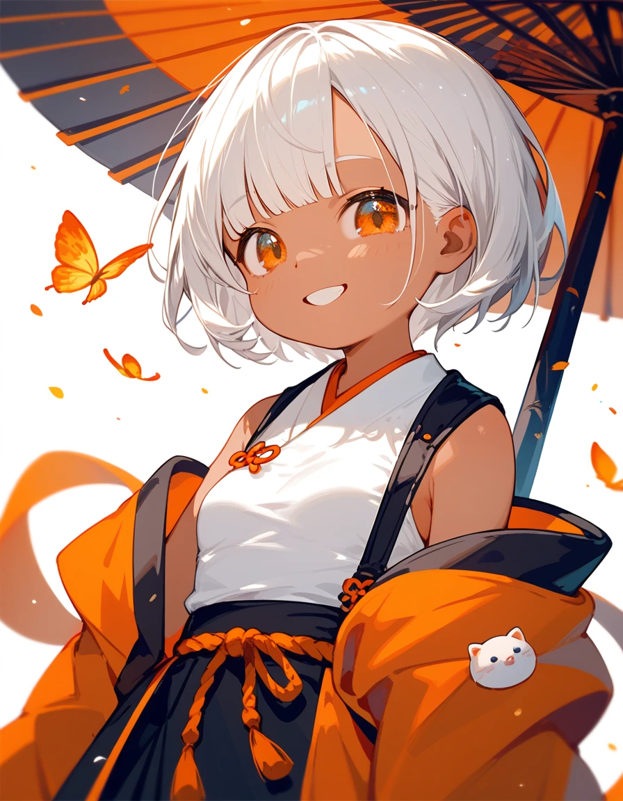 alone,girl,มี1he สีดำ1, 1he ,Japan,White hair, Tanned skin, In the orange eyes, dark edges, small breasts,Short hair,cute, orange kimono, fan boy ,smile,bright,Loli