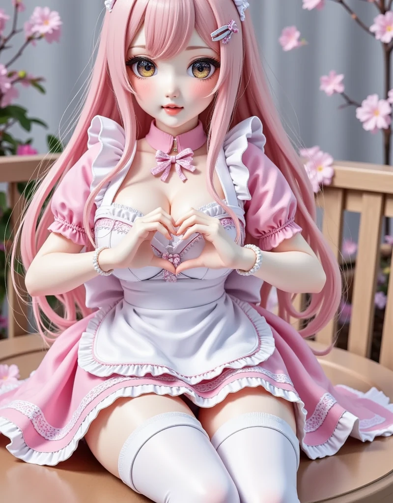 good work, (best quality), illustration, depth of field, (color),masterpiece,best quality,1girl, solo, long hair, breasts, looking at viewer, blush, smile, open mouth, bangs, large breasts, hair ornament, thighhighs, dress, bow, animal ears, cleavage, pink hair, short sleeves, :d, hair bow, heart, cowboy shot, frills, hairclip, puffy sleeves, cat ears, yellow eyes, apron, white thighhighs, two side up, puffy short sleeves, maid, maid headdress, frilled dress, pink dress, white apron, frilled apron, heart hands