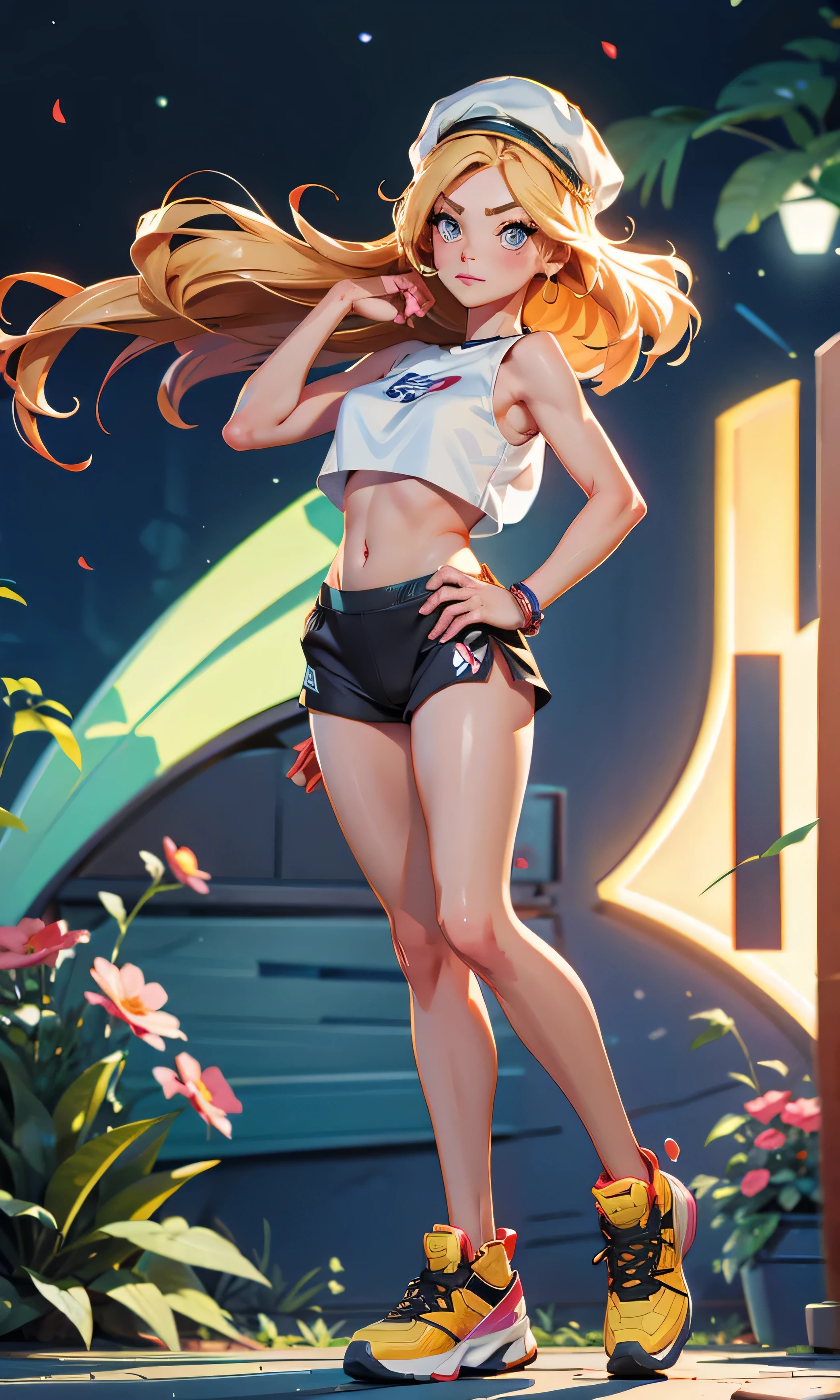  Masterpiece, 1 girl, skinny, beautiful, slim, head on, looking at the spectator, long hair, blond hair, brown eyes, arched eyebrows, full body, pretty legs, abdomen plano, wool cap, lycra and short top, sports shoes, sexy, ((naked)), in a botanical garden, dark sky, butterflies and flowers,