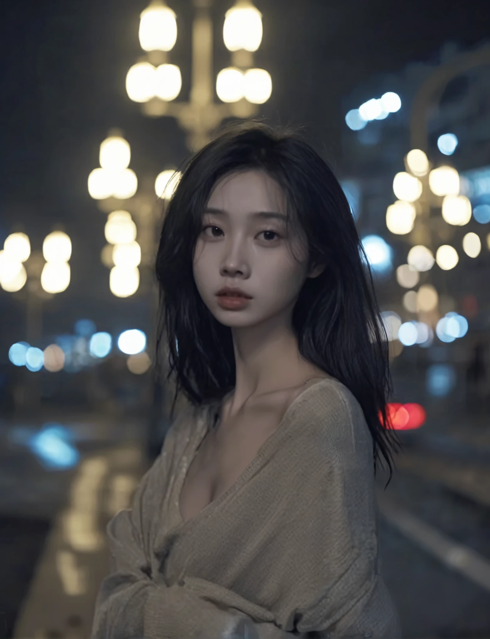 solo,realistic,lips,black hair,collarbone,closed mouth,Beside the outdoor street,the dim light of the street lamps at night shines on one side of the face,1girl,absurdres,(Looking at the camera:1.2),