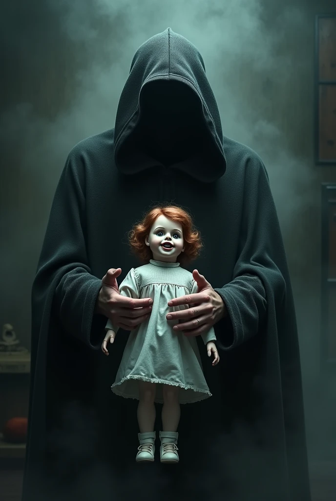 Shadows dance on the walls, and the air is thick with dread. The baby’s eerie smile and the knife glinting in the moonlight create a chilling atmosphere. The room is filled with broken furniture and scattered debris, enhancing the sense of danger and despair.