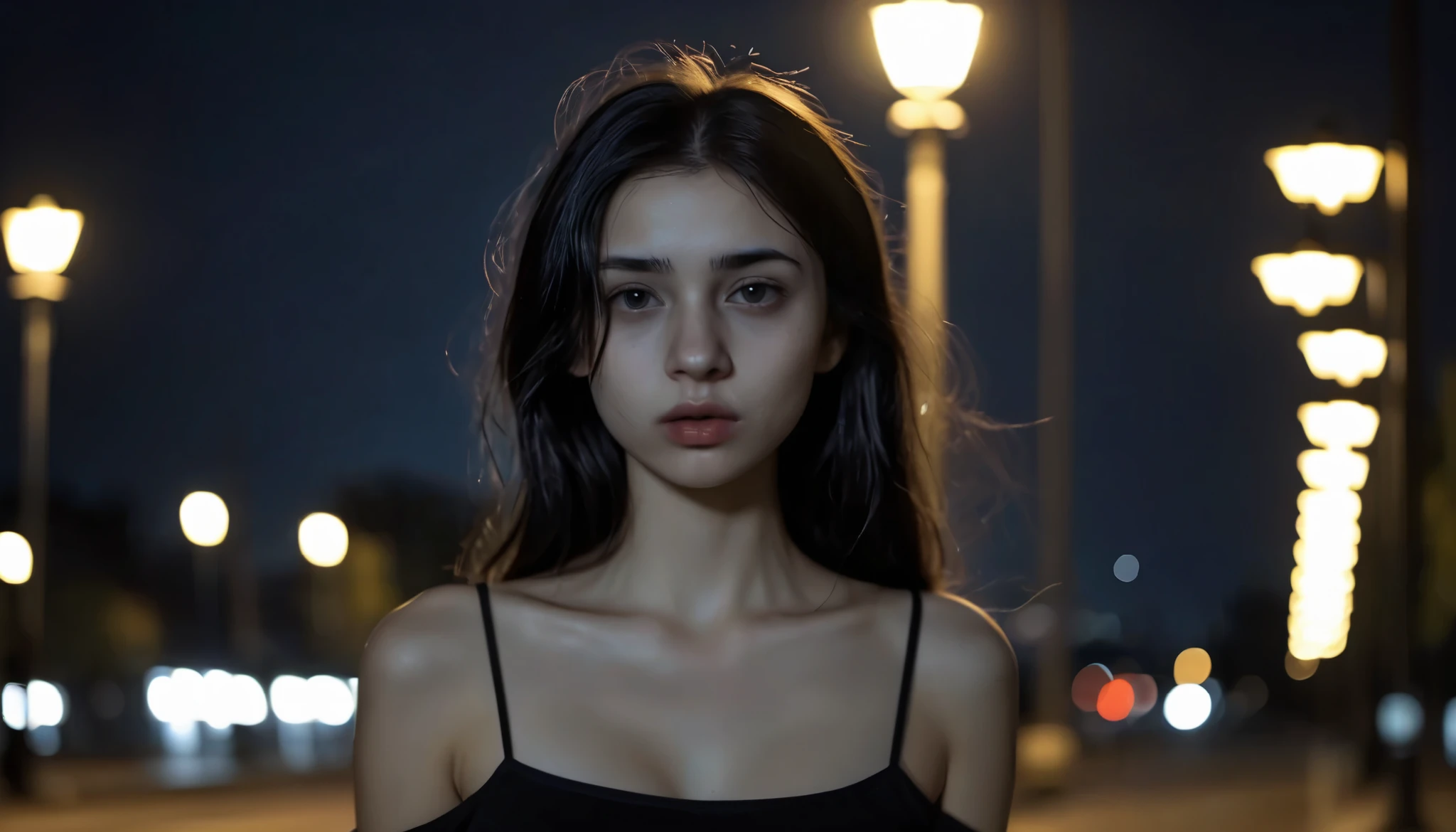 solo,realistic,lips,black hair,collarbone,closed mouth,Beside the outdoor street,the dim light of the street lamps at night shines on one side of the face,1girl,absurdres,(Looking at the camera:1.2),4k