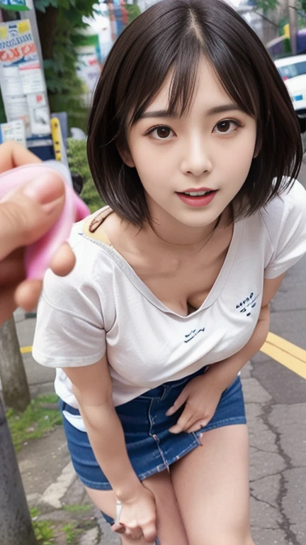 High school girl，(very young face:1.2), White collared shirt，Short navy pleated skirt，Grabbing the penis of a male customer，an adult goods shop，(midnight, Neon Light:1.3)，Erotic atmosphere，A lewd atmosphere inside the store, (fellatio:1.4)