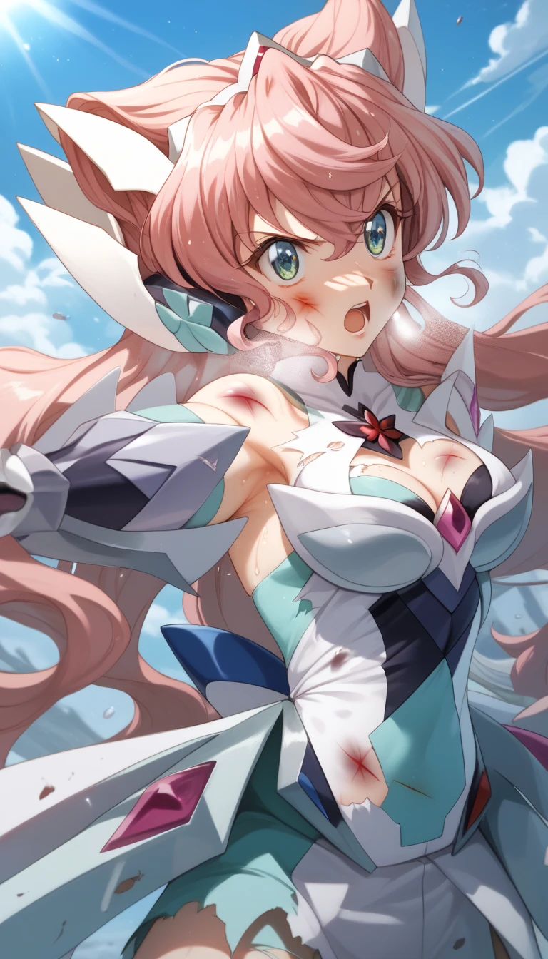  top quality ,  soft light during the cruise,  super high res,  cute, Beautiful face in every detail , high resolution details of human skin texture, shiny skin,sweat,Heat, white breath ,Take a deep breath, Maria Kadenzavna Eve, pink hair,, battle costume,Outdoor Arena,sunlight, serious eyes,Ready,Big eyes, Symphogear ,armed gear , open mouth ,Fighting pose,bruised body, hair ornament, torn clothes , long hair, has a weapon ,whole body,night