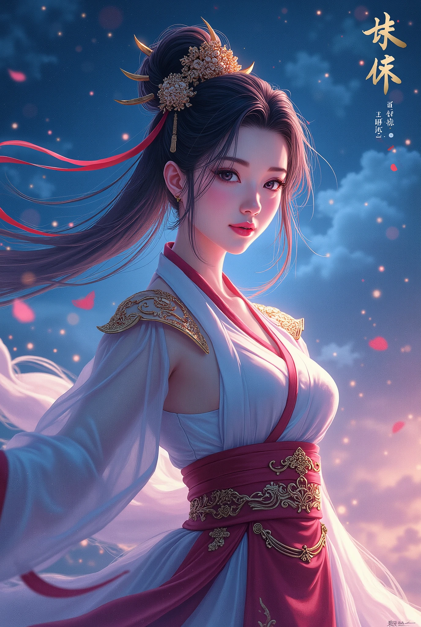  wearing traditional Hanfu, A beautiful female warrior with an orthodox face ,  small eyes ,  long eyelashes,  pink lips,  dynamic pose ,  A Beautiful Night Sky  , Shining Star,  best quality,  high image quality, masterpiece, manga anime, 