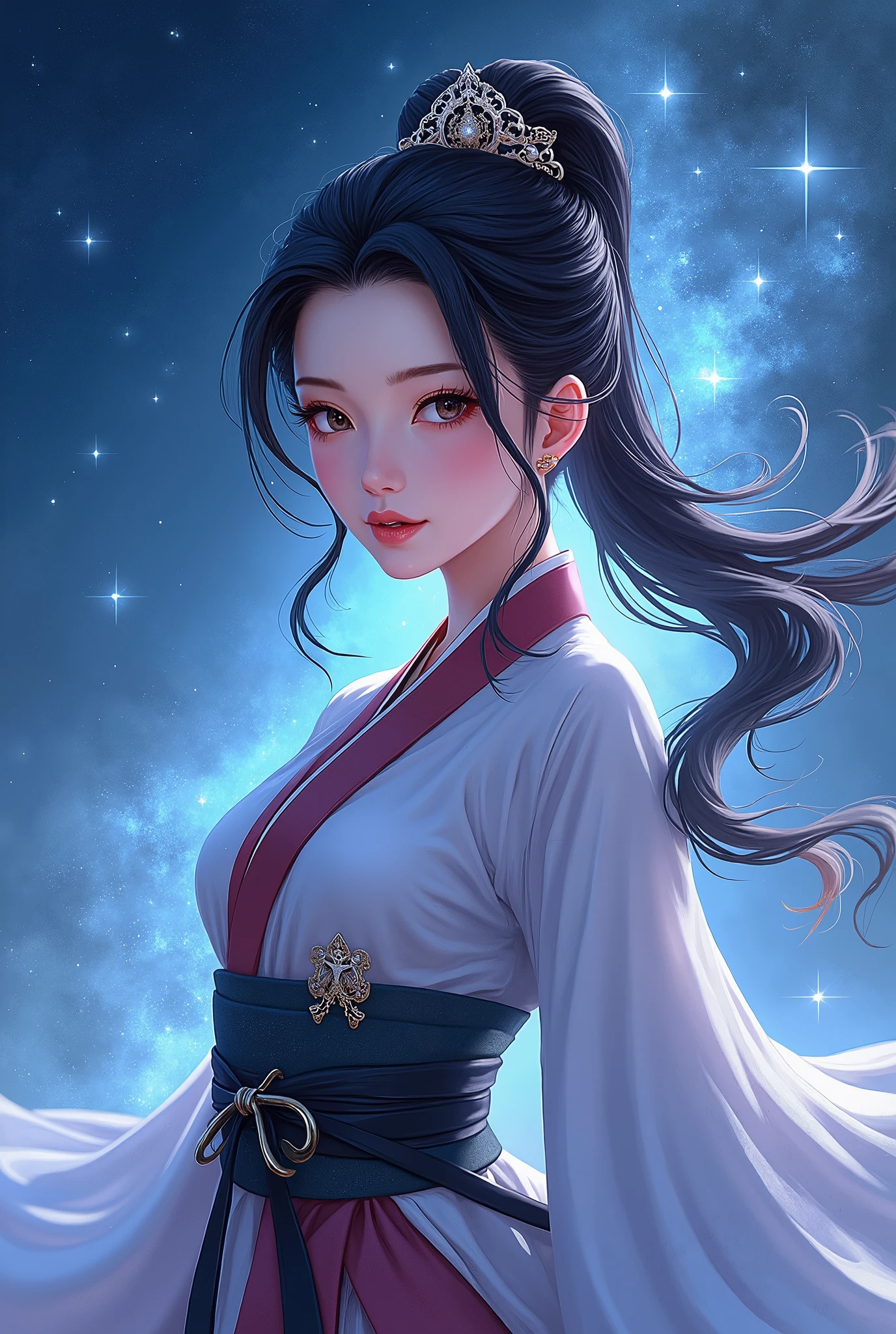  wearing traditional Hanfu, A beautiful female warrior with an orthodox face ,  small eyes ,  long eyelashes,  pink lips,  dynamic pose ,  A Beautiful Night Sky  , Shining Star,  best quality,  high image quality, masterpiece, manga anime, 