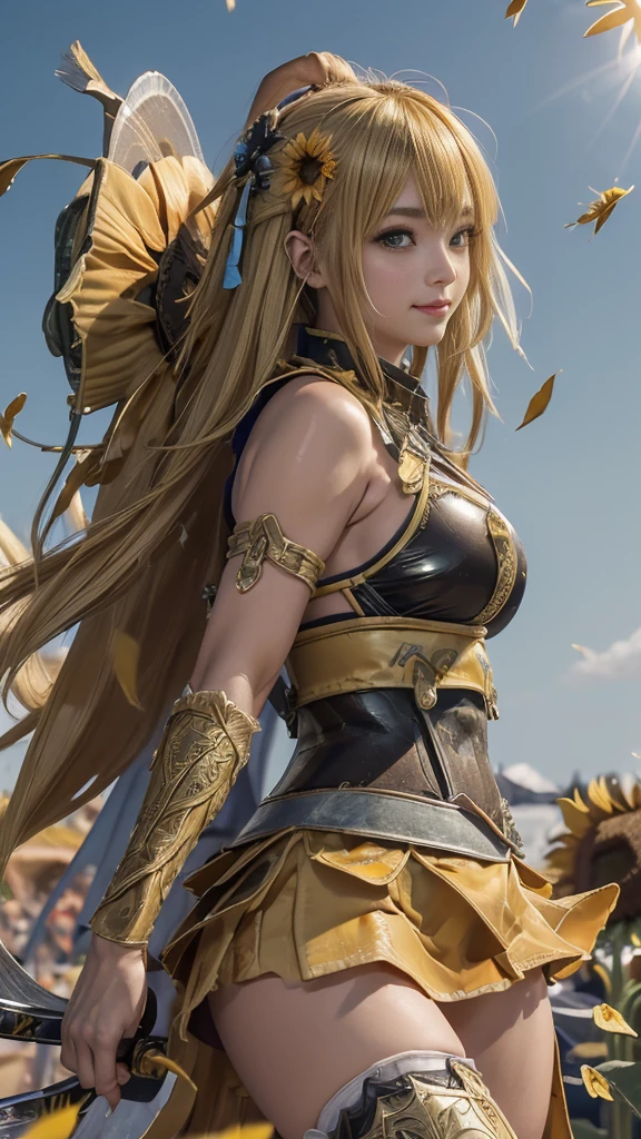  A young Japanese woman , warrior, Combat Stance, ((wielding a huge_weapon axe)),  very detailedな, realisti,((happy smile)),((full body)), Brilliant Appearance , Creative Action,  extremely detailed, Imaginative,voluptuous,  sensual, spontaneous ,  top quality ,  skin texture, ((hime cut :1.6)),((Honey blonde hair:1.6)), (citrine eyes), (mole under eye), toned body, huge breasts,(big breasts:1.6), Big Breasts,  plump thighs,  yellow armor with a sunflower flower pattern engraved , leather samurai armor knight, bikini type design that emphasizes chest exposure,((sideboob)), Wear a yellow cloak with a sunflower pattern , ruffled skirt,  yellow shin guard with a sunflower flower pattern engraved , White high-leg underwear , White tights,  absolute domain,  Intricate Details , (( blue sky:1.6)),Dazzling Light,((sunflower petals background:1.4)), ((sunflower petals:1.4)), ((sunflower petals dancing in the wind:1.4)),( sunflowers in full bloom ),(前面に sunflowers in full bloom ), (confetti),  RAW photos ,cinematic lighting, spotlight, soft shadows, 8k, masterpiece,  top quality , ultra detail on a Japanese futon, very detailed,  Intricate Details , high res,超 Intricate Details, very detailed 8k cg wallpaper,