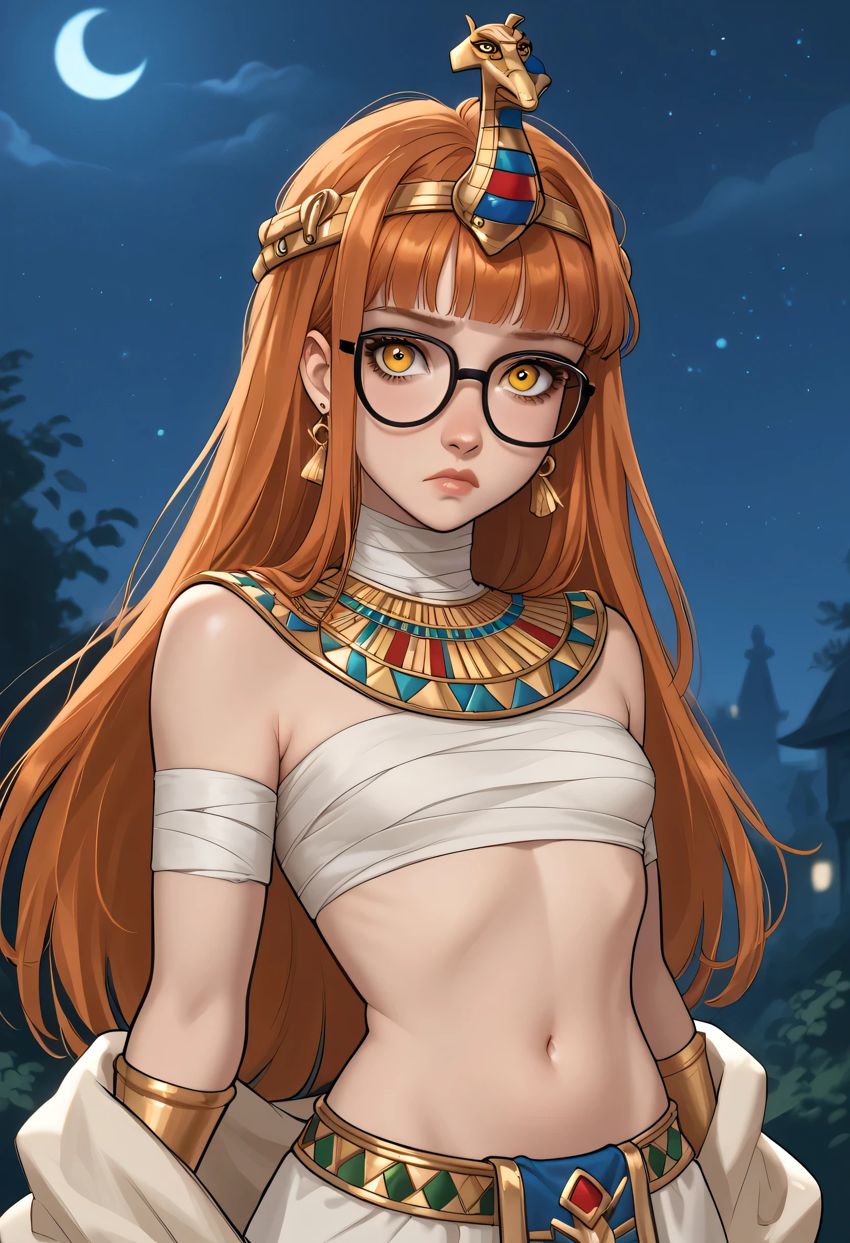 1girl, sad expression, earrings, (small breast, petite body:1.4), futabashadow, orange hair, long hair, blunt bangs, (glasses), ahoge, (yellow eyes), head dress, bandaged chest, jewelry, egyptian clothes, usekh collar, long skirt, navel, midriff, looking at viewer, portrait. (NIGHT:1.4). score_9, score_8_up, score_7_up. Disney Style.