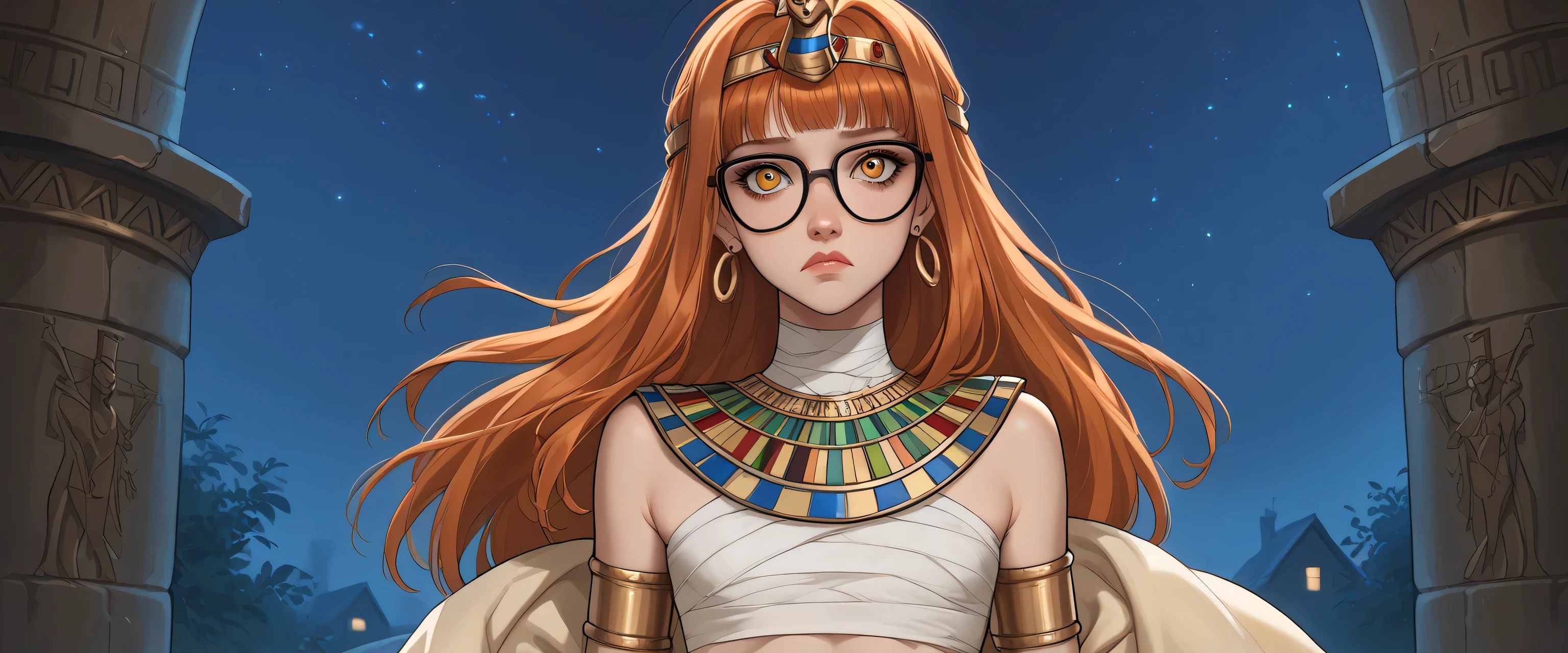 1girl, sad expression, earrings, (small breast), futabashadow, orange hair, long hair, blunt bangs, (glasses), ahoge, (yellow eyes), head dress, bandaged chest, jewelry, egyptian clothes, usekh collar, long skirt, navel, midriff, looking at viewer, portrait. (NIGHT:1.4). score_9, score_8_up, score_7_up. Disney Style.