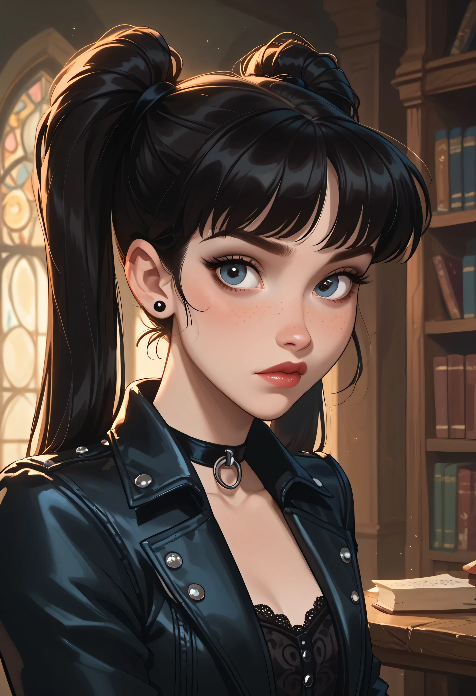 portrait. score_9, score_8_up, score_7_up, disney style. 1girl. A teenage girl with long, dark hair styled in two playful pigtails sits confidently at a table in a quiet library. She is dressed in gothic-style clothing, featuring a sleek leather jacket and a striking gothic choker that accentuates her bold look. Her face is dotted with freckles, and her makeup reflects a gothic aesthetic, enhancing her expressive features. Surrounded by towering bookshelves, the atmosphere is filled with the soft murmur of pages turning, creating an intriguing contrast to her vibrant style. The overall ambiance is both inviting and mysterious, reflecting her unique personality in this tranquil setting.