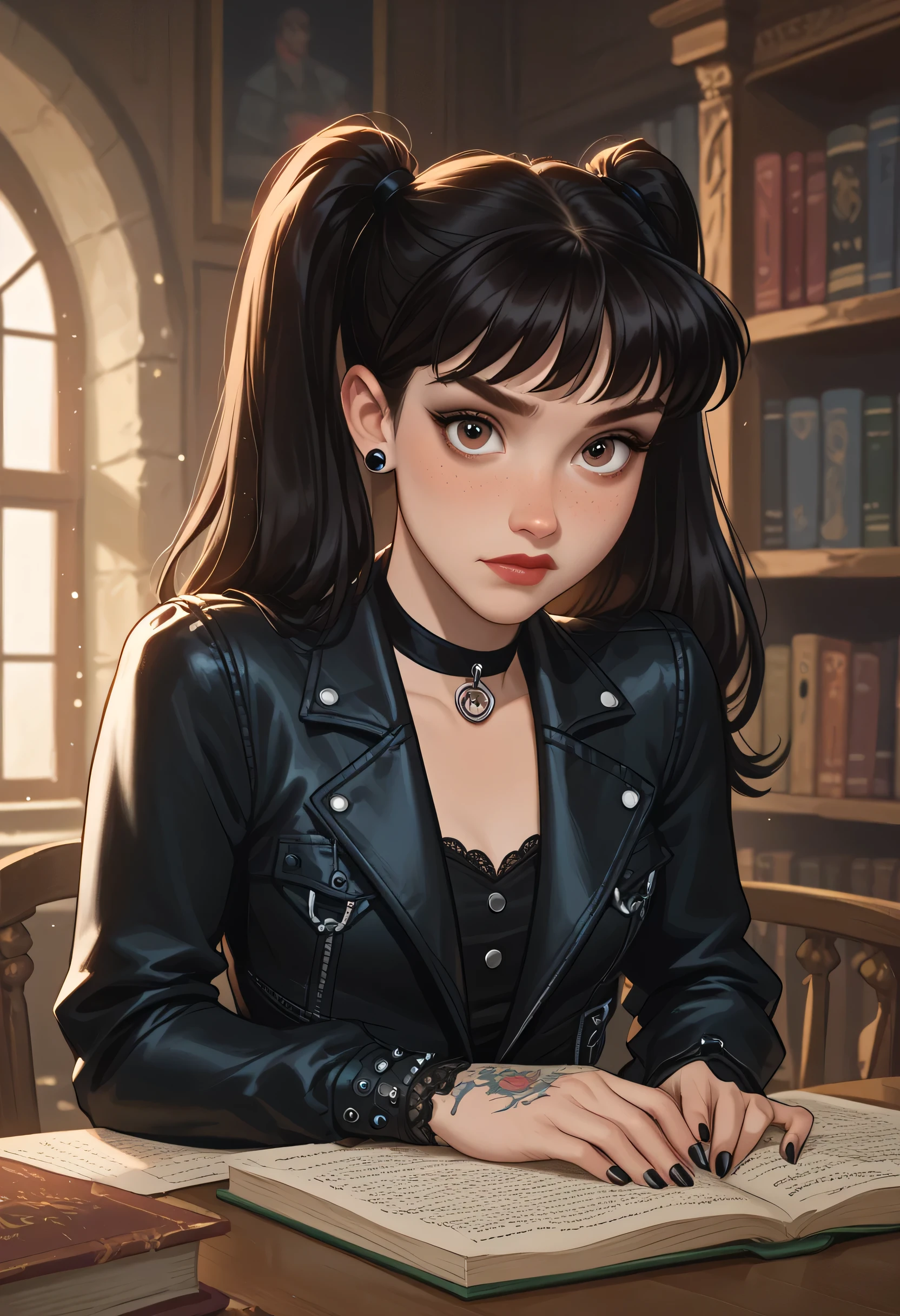 portrait. score_9, score_8_up, score_7_up, disney style. 1girl. A teenage girl with long, dark hair styled in two playful pigtails sits confidently at a table in a quiet library. She is dressed in gothic-style clothing, featuring a sleek leather jacket and a striking gothic choker that accentuates her bold look. Her face is dotted with freckles, and her makeup reflects a gothic aesthetic, enhancing her expressive features. Surrounded by towering bookshelves, the atmosphere is filled with the soft murmur of pages turning, creating an intriguing contrast to her vibrant style. The overall ambiance is both inviting and mysterious, reflecting her unique personality in this tranquil setting.