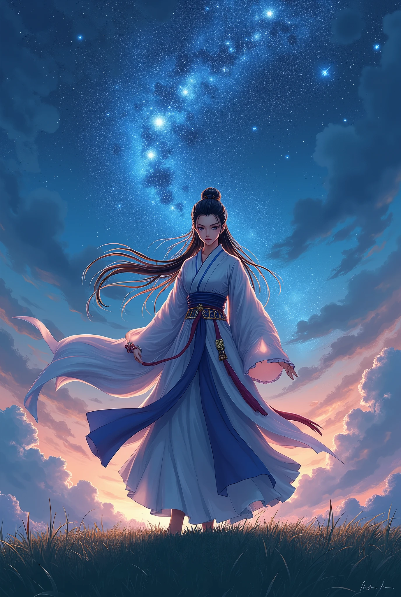 I'm wearing traditional Hanfu, Beautiful female warrior,  with an orthodox beautiful face, Beautiful little eyes,  long eyelashes,  pink lips,  dynamic pose ,  A Beautiful Night Sky  , Shining Star, Shining Star, Grass Square,  best quality,  high image quality, masterpiece, manga anime, 