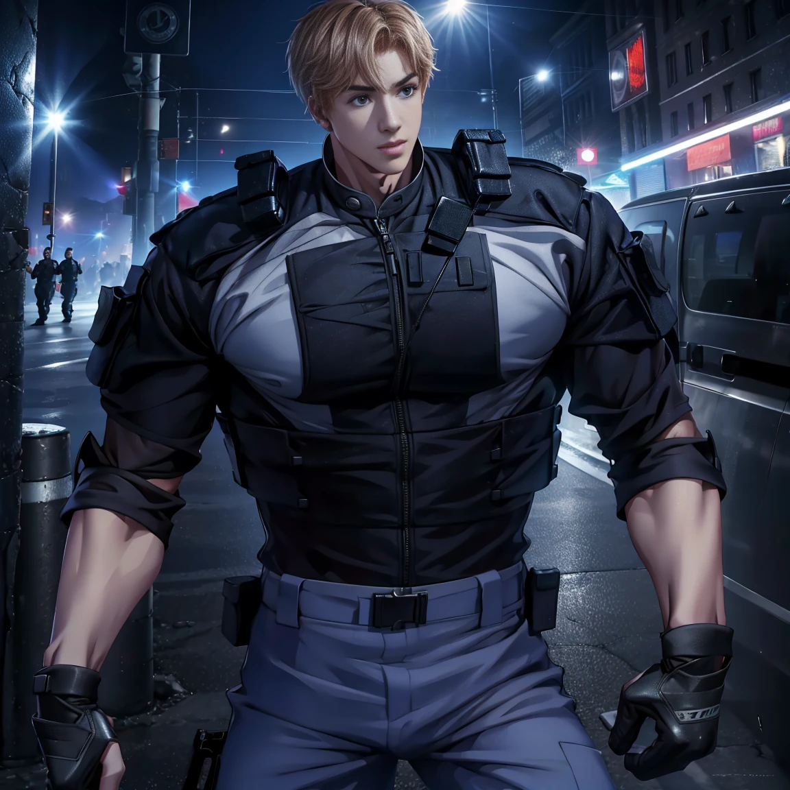 (High resolution CG), ( top quality ), (High resolution CG), ( top quality ), Backstreets,. Kennedy, SWAT Clothing,         beautiful and charming young man,     muscular and tight   ,