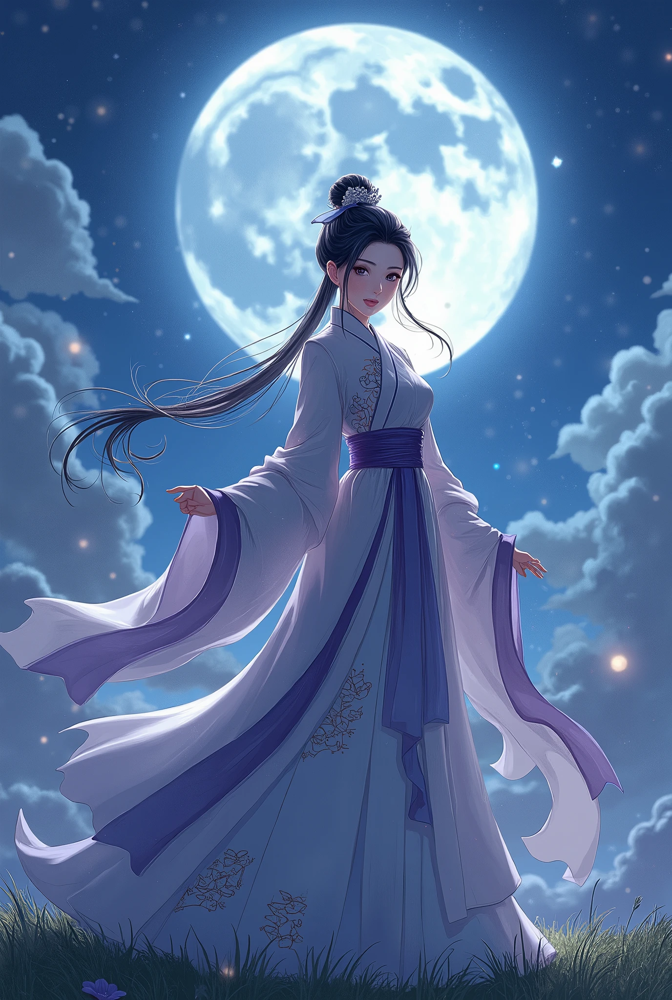 I'm wearing traditional Hanfu, Beautiful anime Female Warrior ,  with an orthodox beautiful face, Beautiful little eyes,  long eyelashes,  pink lips,  dynamic pose ,  A Beautiful Night Sky  , moonlight, Shining Star, Shining Star, Flowing Clouds, Grass Square,  best quality,  high res,  high image quality, 8k, masterpiece,  animation art, Manga art, 