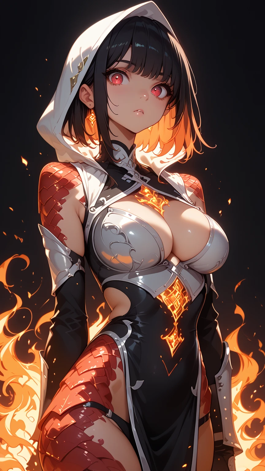 Anime girl, sexy figure, nice body curves, large breasts, wearing a knight armour, long black hairs, red eyes, dragon scales and dragon wings, dragon wings, Fire, weapon, showing off her figure, looking down, down view, giving sexy hand stand poses, sitting down, simple dark background.