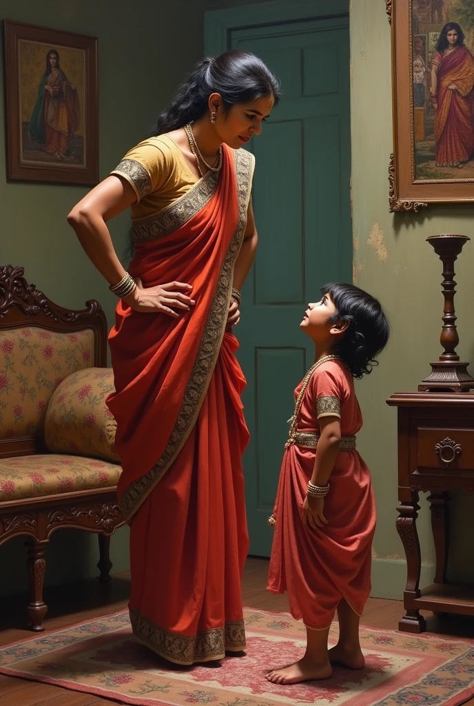 Beautiful mature Indian woman standing haughty and dominant in lahenga, with navel and hot curves, He has a , thin boy in trousers and a school uniform on his knees., who is afraid in the office and sucking her navel