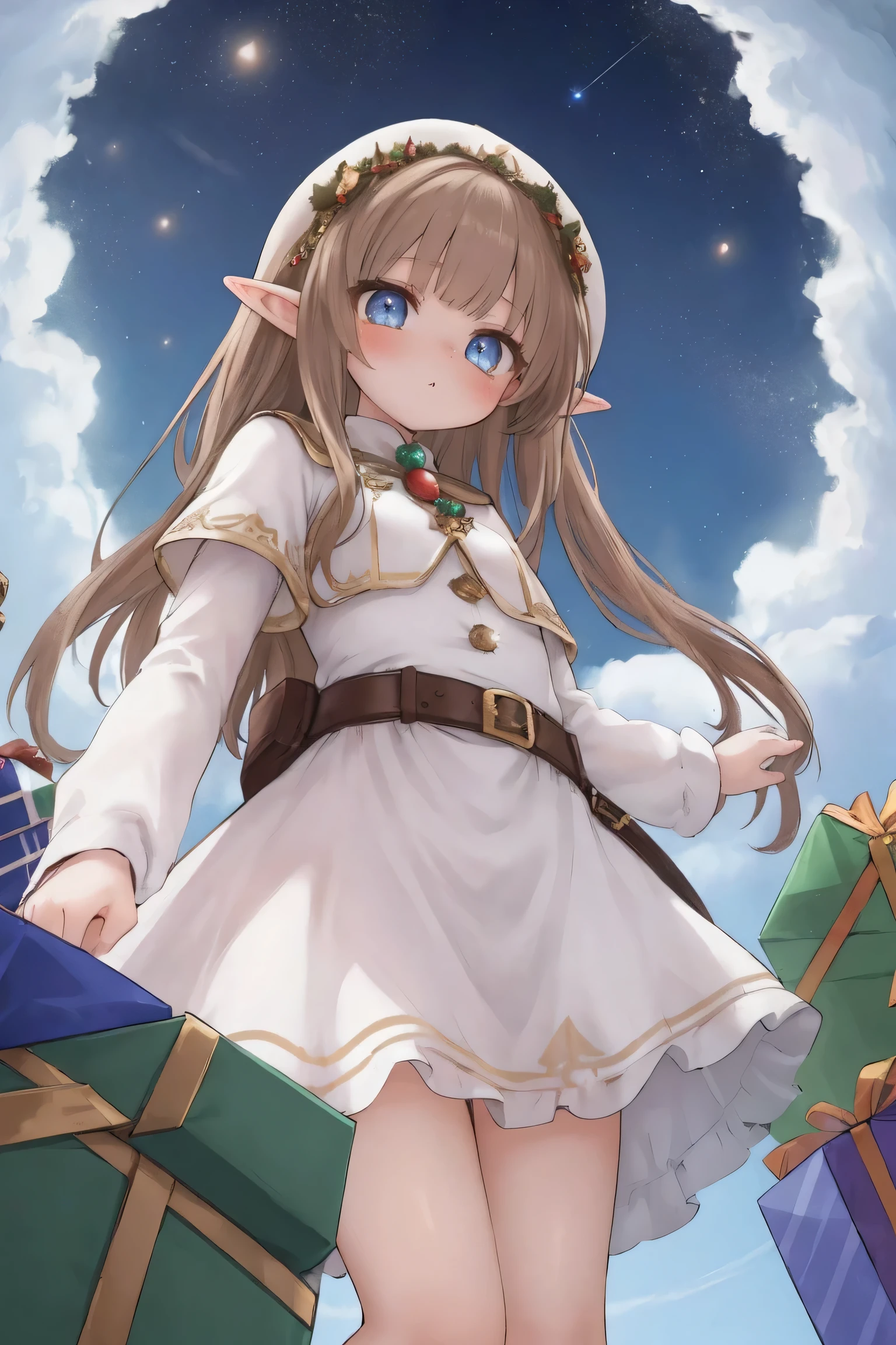 8K,(masterpiece),high resolution,best quality,(ultra-detailed),ultra detailed eyes,cute girls is elf,white and brown hair,earth eyes,elf ears,wear fantasy,santa clothes,in the beautiful sky,stars.(from below:1.2),(fisheye,wide-shot),present boxs