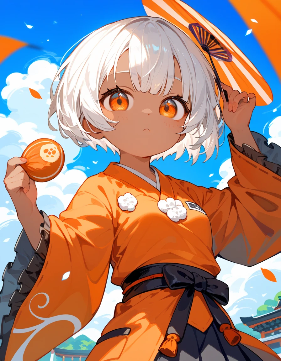 alone,girl,มี1he สีดำ1, 1he ,Japan,White hair, Tanned skin, In the orange eyes, dark edges, small breasts,Short hair,cute, orange kimono, fan boy ,bright,Loli,Emotionless