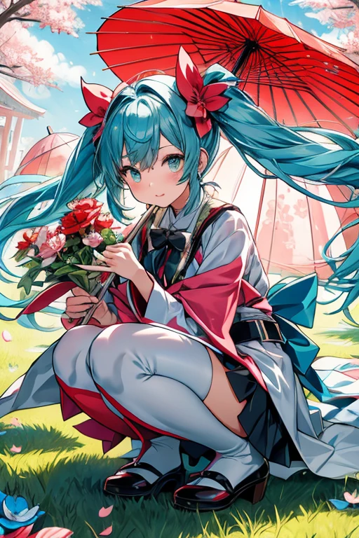 the anime character is sitting and has a red umbrella with blue flowers and pink birds holding ornaments next to her, 1girl, hatsune miku, long hair, umbrella, twintails, kimono, japanese clothes, flower, cherry blossoms, oil-paper umbrella, very long hair, holding, bird, squatting, holding umbrella, hair flower, solo, hair ornament, aqua hair ,maximum detail shadow,maximum detail background,heavy animation workload,unfreaks style,Heavy animation workload,Hatsune Miku, 1girl, ahoge, aqua eyes, aqua hair, balloon, belt collar, black bow, black bowtie, black collar, black skirt, black thighhighs, bow, bowtie, brooch, collar, ear piercing, fang, frilled skirt, frills, hair ornament, hairclip, heart