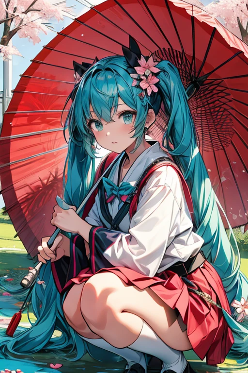 the anime character is sitting and has a red umbrella with blue flowers and pink birds holding ornaments next to her, 1girl, hatsune miku, long hair, umbrella, twintails, kimono, japanese clothes, flower, cherry blossoms, oil-paper umbrella, very long hair, holding, bird, squatting, holding umbrella, hair flower, solo, hair ornament, aqua hair ,maximum detail shadow,maximum detail background,heavy animation workload,unfreaks style,Heavy animation workload,Hatsune Miku, 1girl, ahoge, aqua eyes, aqua hair, balloon, belt collar, black bow, black bowtie, black collar, black skirt, black thighhighs, bow, bowtie, brooch, collar, ear piercing, fang, frilled skirt, frills, hair ornament, hairclip, heart