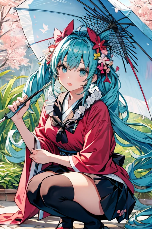 the anime character is sitting and has a red umbrella with blue flowers and pink birds holding ornaments next to her, 1girl, hatsune miku, long hair, umbrella, twintails, kimono, japanese clothes, flower, cherry blossoms, oil-paper umbrella, very long hair, holding, bird, squatting, holding umbrella, hair flower, solo, hair ornament, aqua hair ,maximum detail shadow,maximum detail background,heavy animation workload,unfreaks style,Heavy animation workload,Hatsune Miku, 1girl, ahoge, aqua eyes, aqua hair, balloon, belt collar, black bow, black bowtie, black collar, black skirt, black thighhighs, bow, bowtie, brooch, collar, ear piercing, fang, frilled skirt, frills, hair ornament, hairclip, heart