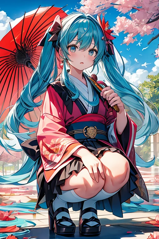 the anime character is sitting and has a red umbrella with blue flowers and pink birds holding ornaments next to her, 1girl, hatsune miku, long hair, umbrella, twintails, kimono, japanese clothes, flower, cherry blossoms, oil-paper umbrella, very long hair, holding, bird, squatting, holding umbrella, hair flower, solo, hair ornament, aqua hair ,maximum detail shadow,maximum detail background,heavy animation workload,unfreaks style,Heavy animation workload,Hatsune Miku, 1girl, ahoge, aqua eyes, aqua hair, balloon, belt collar, black bow, black bowtie, black collar, black skirt, black thighhighs, bow, bowtie, brooch, collar, ear piercing, fang, frilled skirt, frills, hair ornament, hairclip, heart