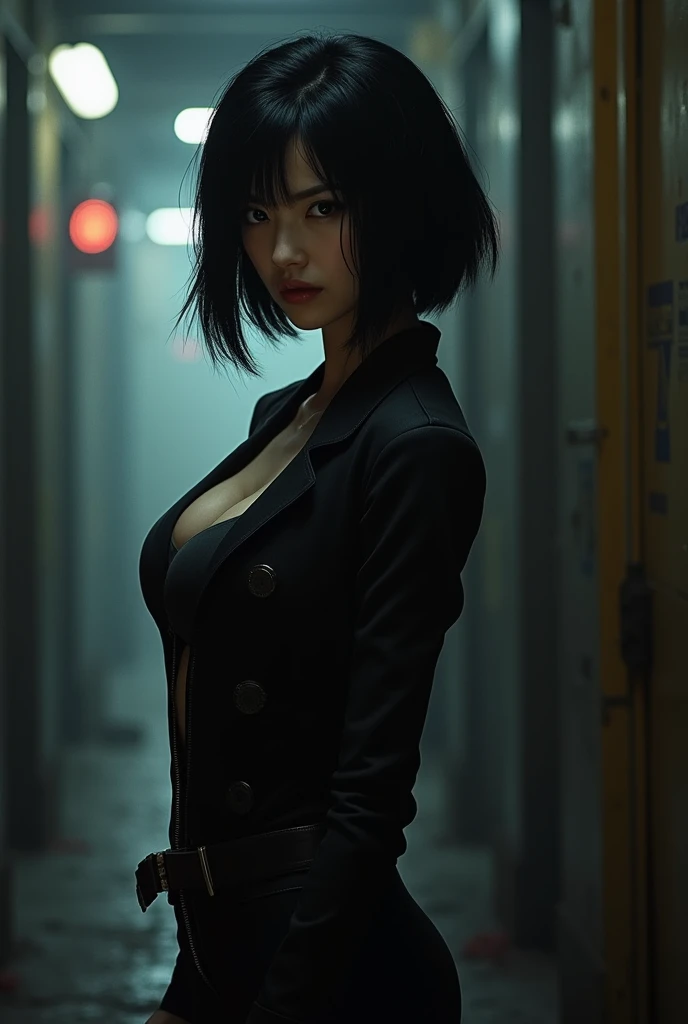 ((Best quality, 8k, Masterpiece :1.3)), 1girl, Pretty woman with emphasizing abs :1.3, (short cut hairstyles, Huge breasts),Ultra-detailed face, Detailed eyes, Double eyelid,((from the thighs up)),japanese,hyper realistic photography, Hyper Sharp Image, Hyper Detail Image,(short cut hair),((Mysterious Fog))