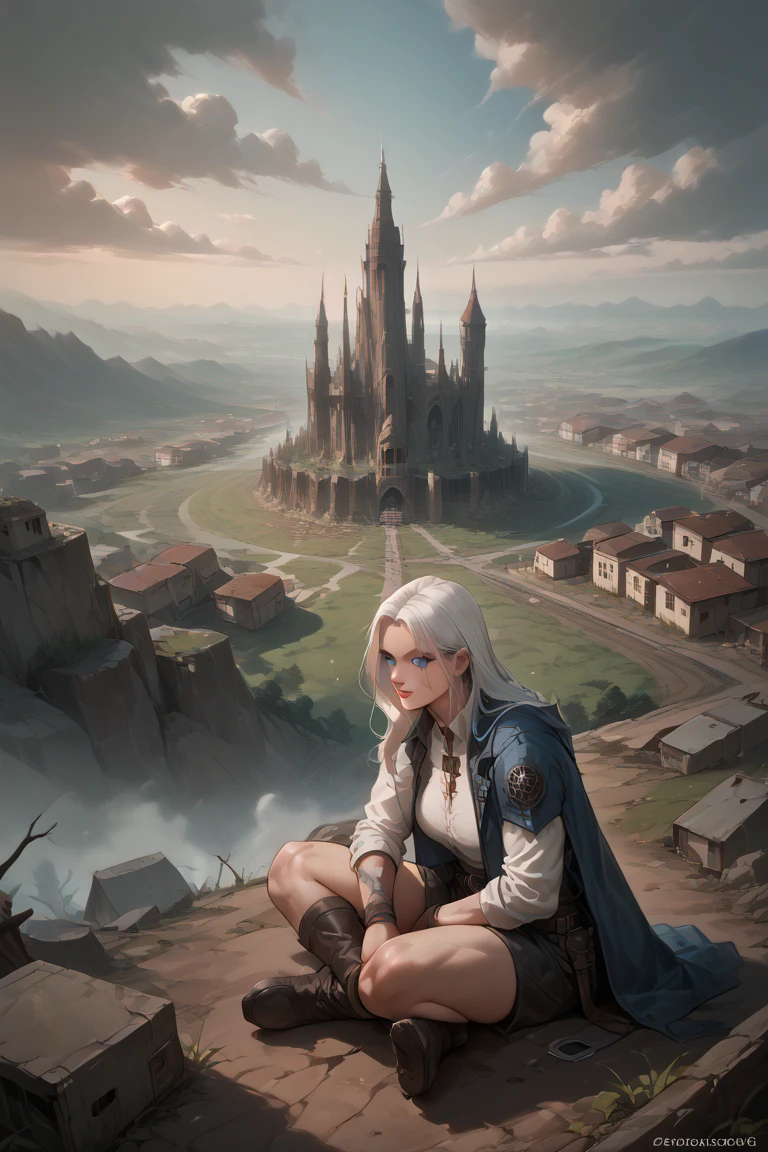 woman with a very large and muscular body with long white hair with blue eyes sitting on a hill looking backwards at a city in the midst of the chaos of an apocalyptic