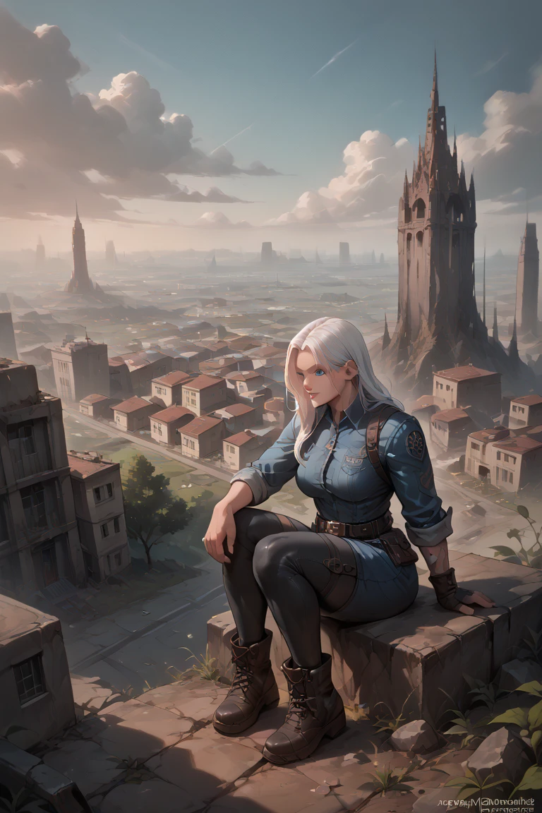 woman with a very large and muscular body with long white hair with blue eyes sitting on a hill looking backwards at a city in the midst of the chaos of an apocalyptic