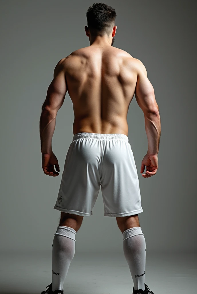 Full view full body, a handsome white European young footballer with fresh undercut haircut in light brown, muscular, in full white football gear, stollen, Socks, Jersey and tight lycra shorts, shows his big butt in the locker room, HQ-Photo