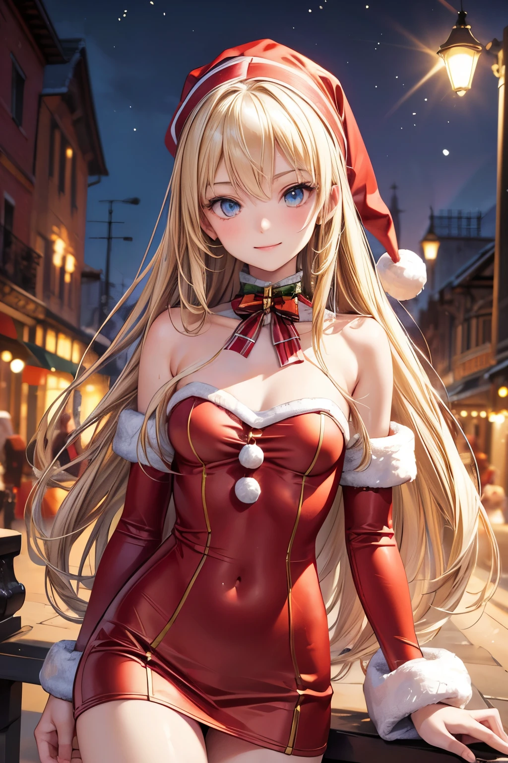 masterpiece, top quality , very detailed,photo realistic , realistic ,  Ultra High Resolution ,  Masterpiece, beautiful girl, teenager,Blonde, Straight Hair , perfect eyes, VERY CUTE ,slender, small breasts,Slim waist,smile,red Santa Claus costume,Outdoor,night, big Christmas tree ,Town