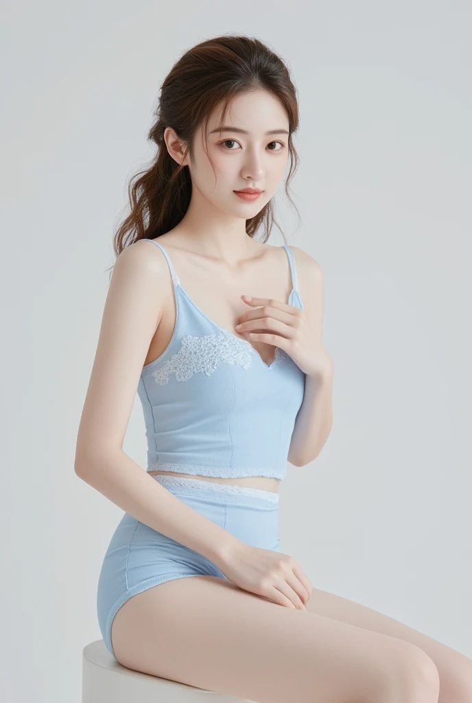 Super slim + fine skin + Japanese beauty + 1 girl,solo, young adult, fair skin, slender physique, shoulder-length curly brown hair, soft smile, minimal makeup, natural look, light blue satin camisole, white lace trim detail, matching light blue satin shorts with lace trim, relaxed posture, hands gently clasped, soft lighting, neutral background with white and gray tones, calm and serene atmosphere, looking at viewer.